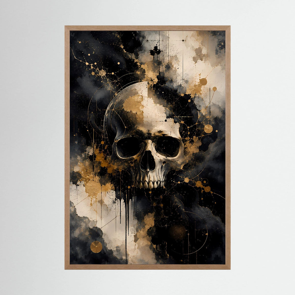 Eichenholzgerahmtes Totenkopf-Poster im Hochformat, schwarz, weiß und gold