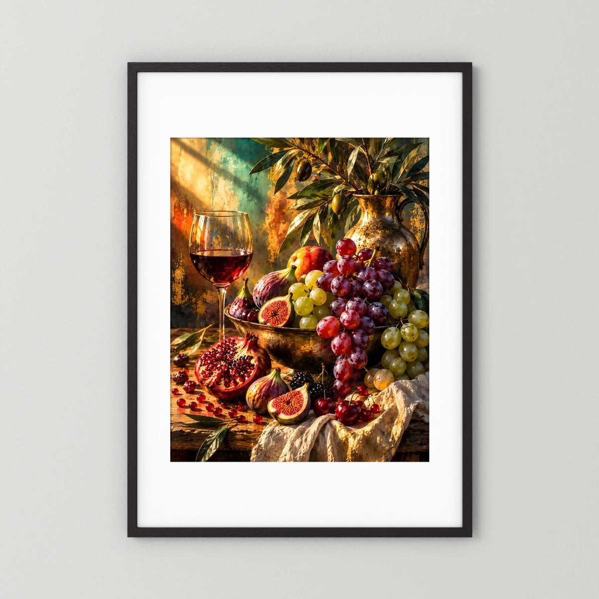Stillleben-Poster mit Weinglas und Trauben, Feigen & Granatapfel in schwarzem Rahmen