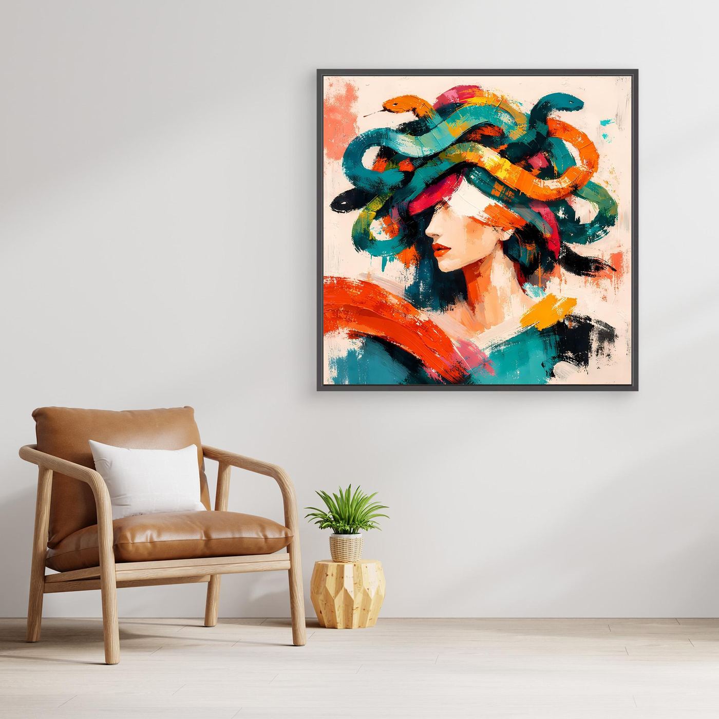 Wandbild mit Medusa-Porträt im Pop-Art-Stil, bunte Haare, schwarzer Rahmen