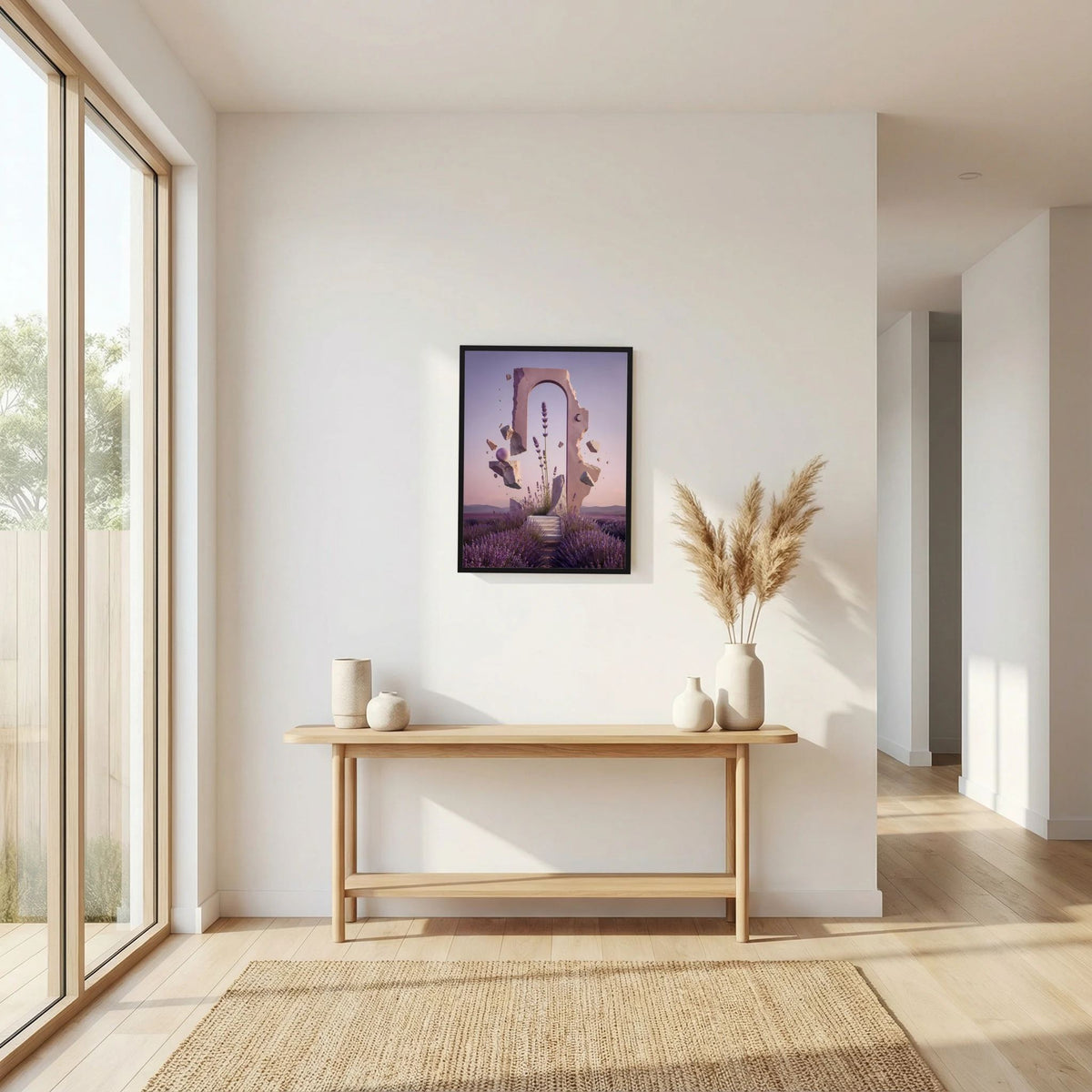 Hochformat-Poster mit Lavendel-Portalmotiv im schwarzen Rahmen über der Konsole im Flur