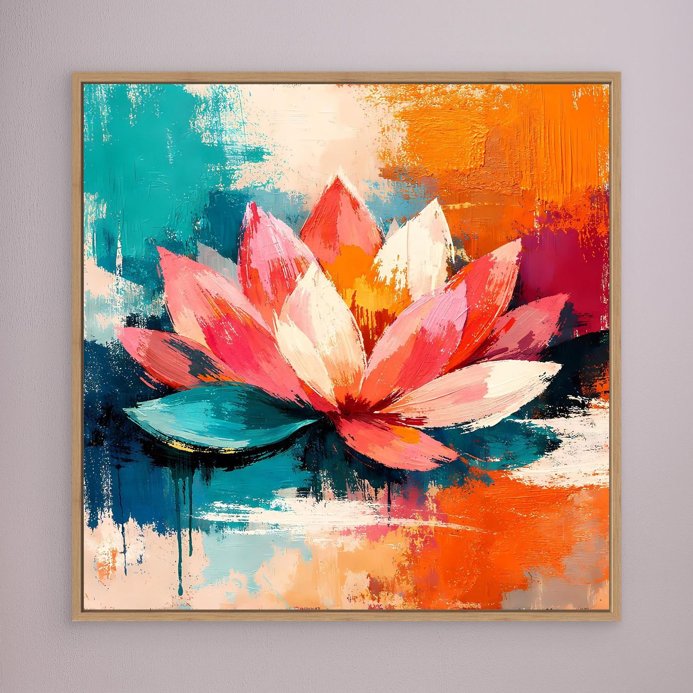 Framed abstract lotus canvas with pink petals and teal water reflections on orange