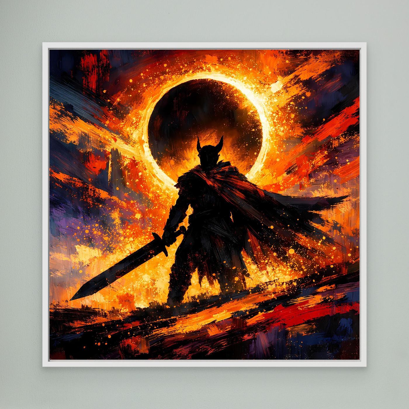 Fantasy-Wandbild: dunkler Ritter als Silhouette vor Sonnenfinsternis-Kreisscheibe, feurige Farben