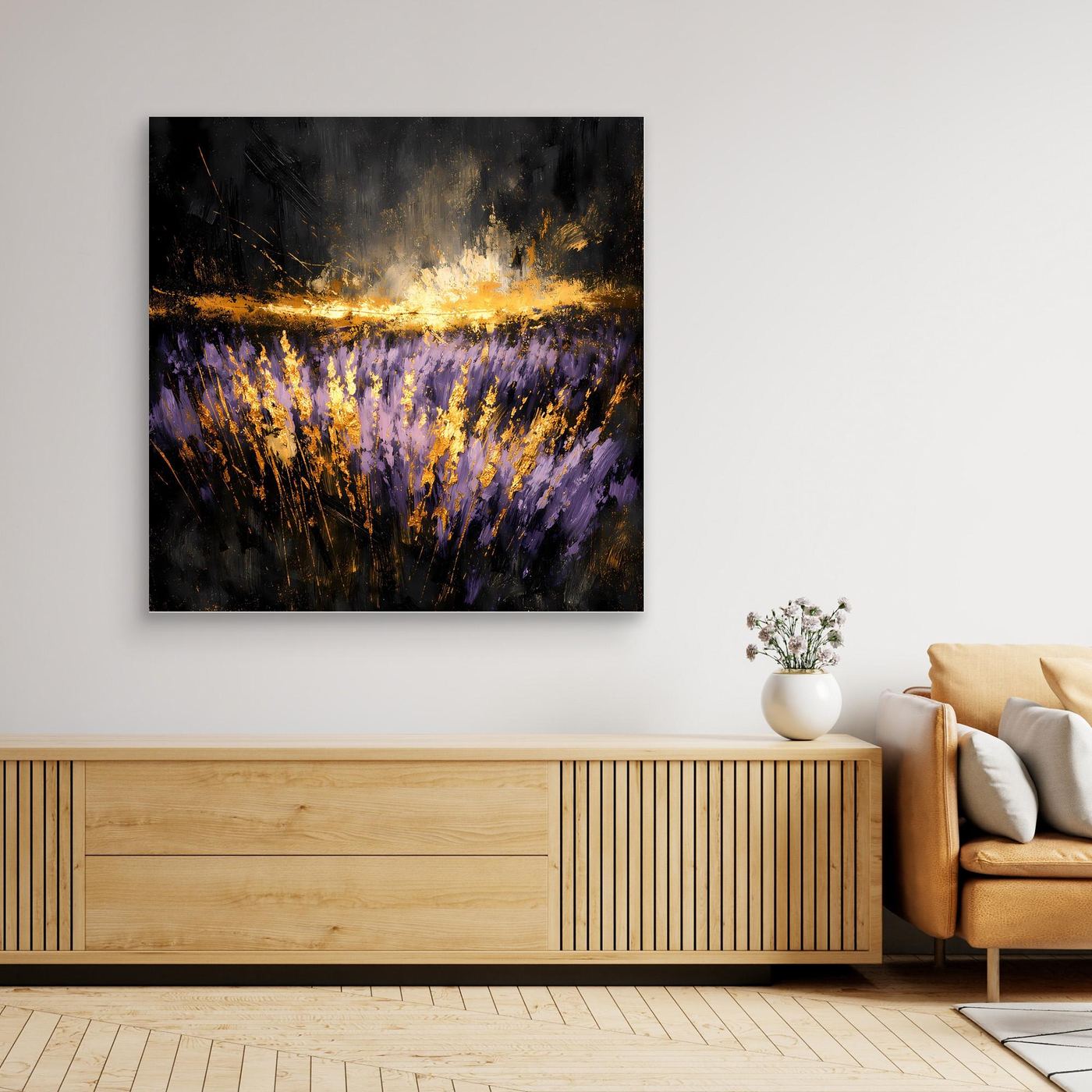 Leinwand Mystisches Lavendelfeld bei Nacht | Abstraktes Natur Wandbild Moderne Kunst