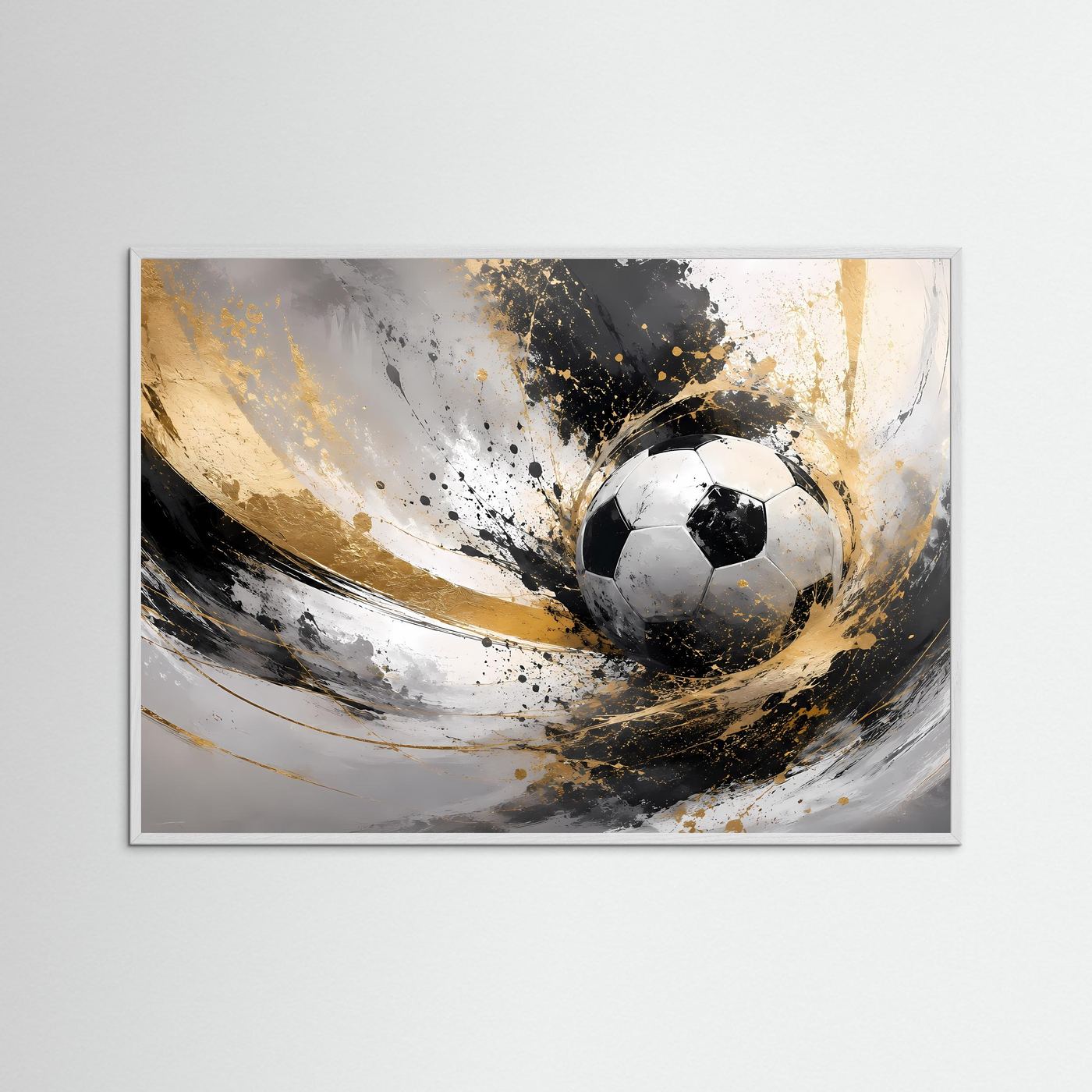 Gerahmtes Fußballkunst-Poster (weißer Rahmen) mit schwarzem Ball und goldfarbenen Akzenten
