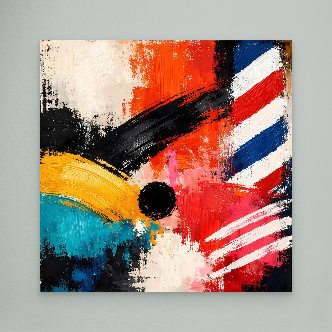 Abstract canvas wall art: red, blue and white stripes with black circle and brushstrokes