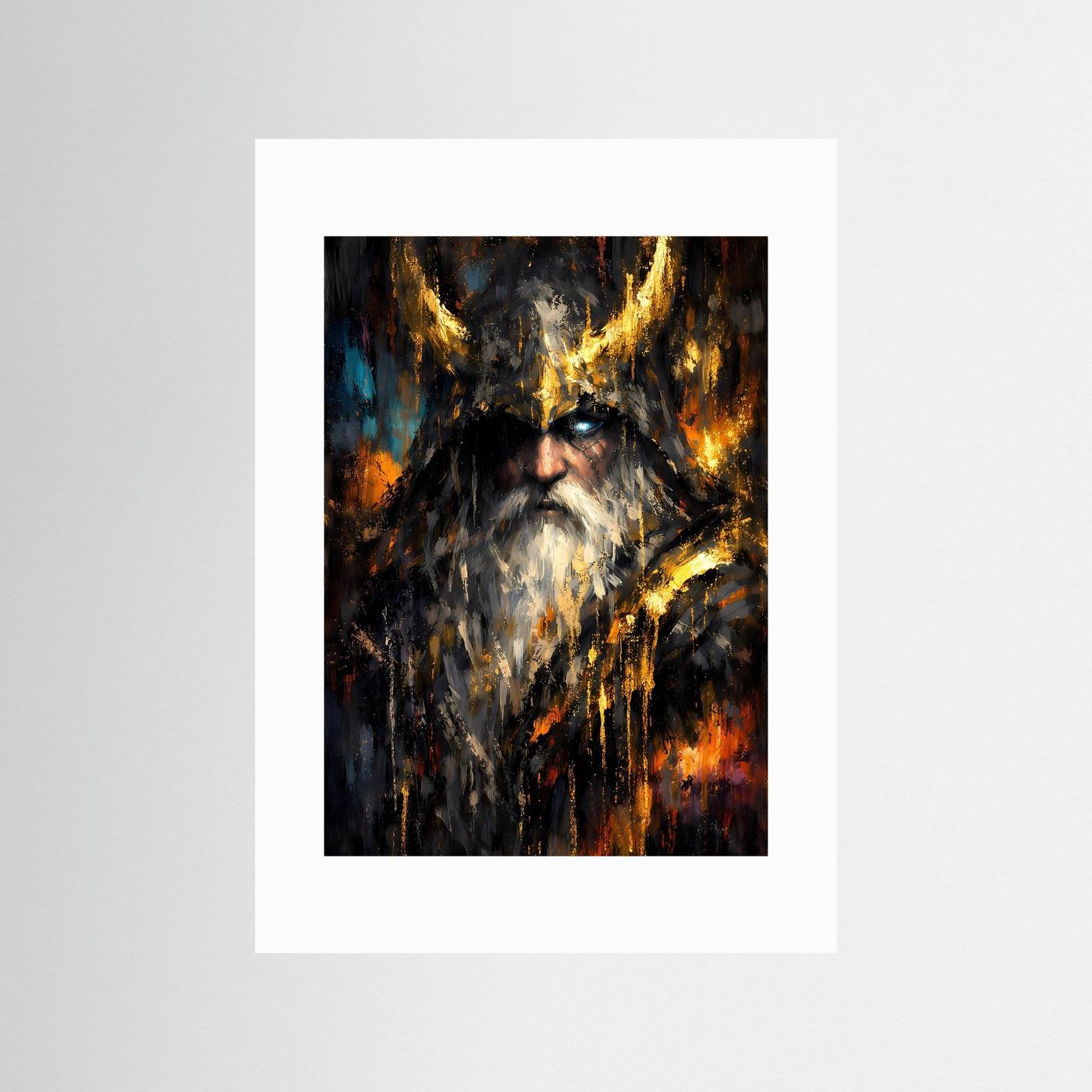 Wikinger-Poster mit Odin-Gesicht, abstrakt, mit weißem Passepartout