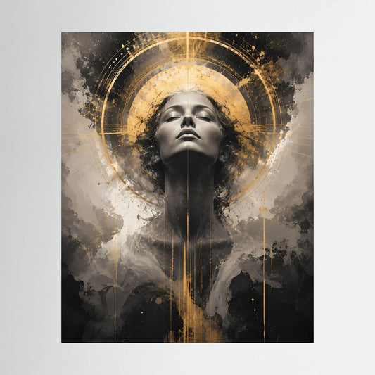 Poster mit abstraktem Porträt einer Frau, schwarze Silhouette und goldener Kreis im Hochformat.