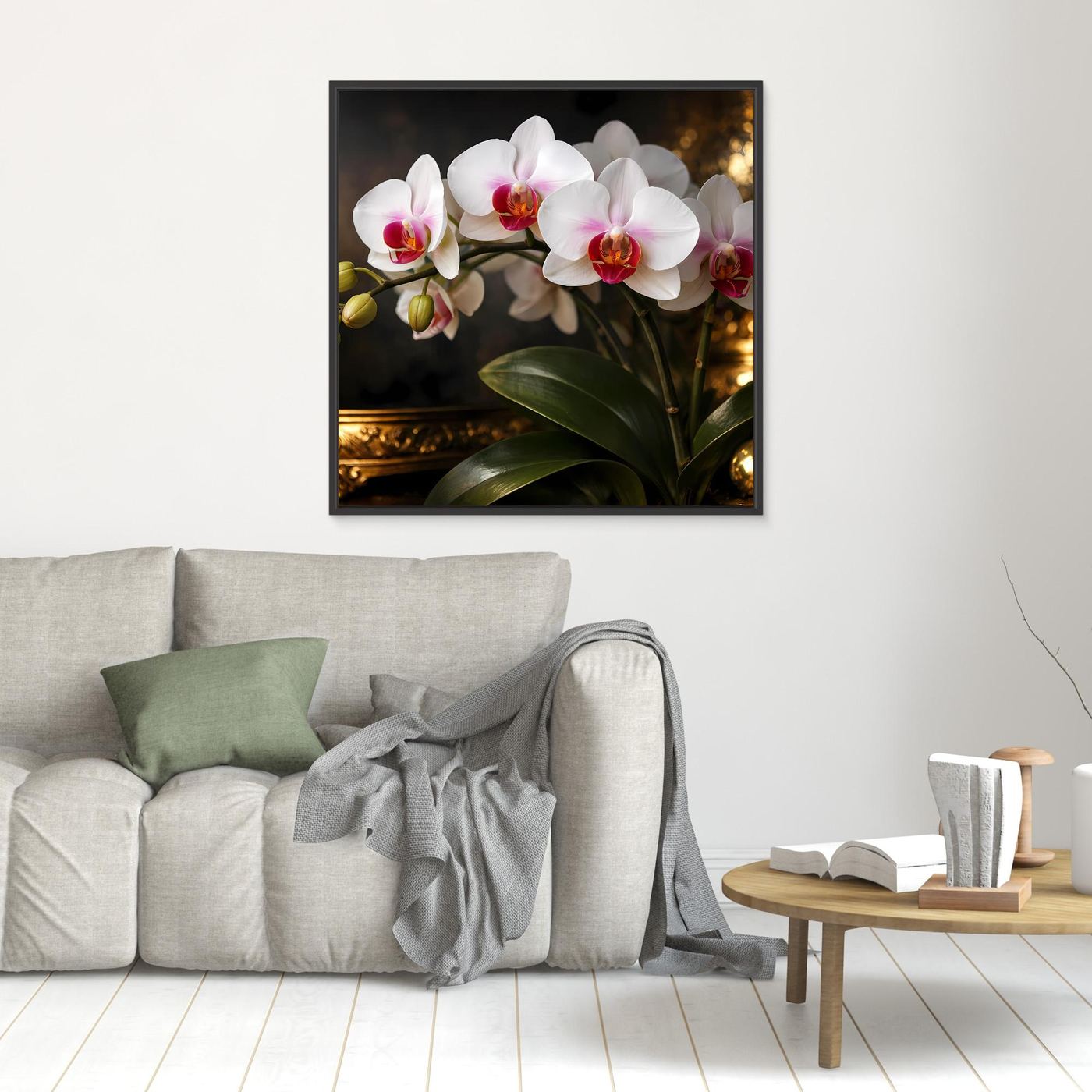 Orchideenblüten-Leinwandbild mit schwarzem Rahmen, weiße Blüten und grüne Blätter