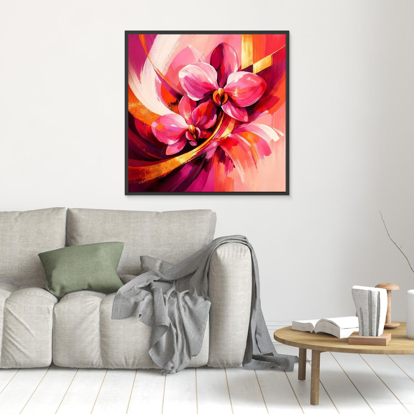 Kleines gerahmtes Leinwandbild mit abstrakten Orchideen in Pink, Rot und Gold (schwarzer Rahmen)