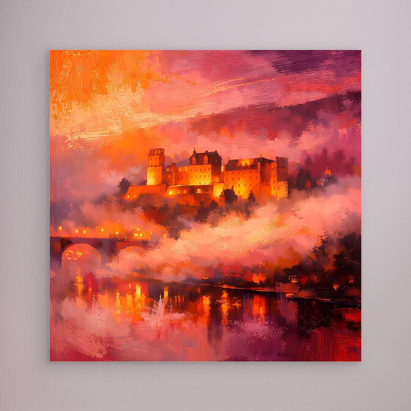 Premium Leinwand Imposantes Schloss im Abendrot | Abstraktes Castle Wandbild in feurigen Farben