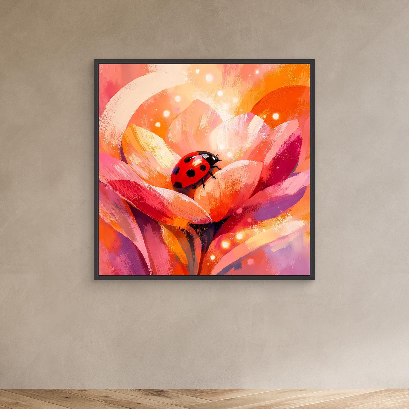 Leinwandbild mit schwarzem Rahmen: Marienkäfer auf Blüte, kräftige Farben und helle Punkte