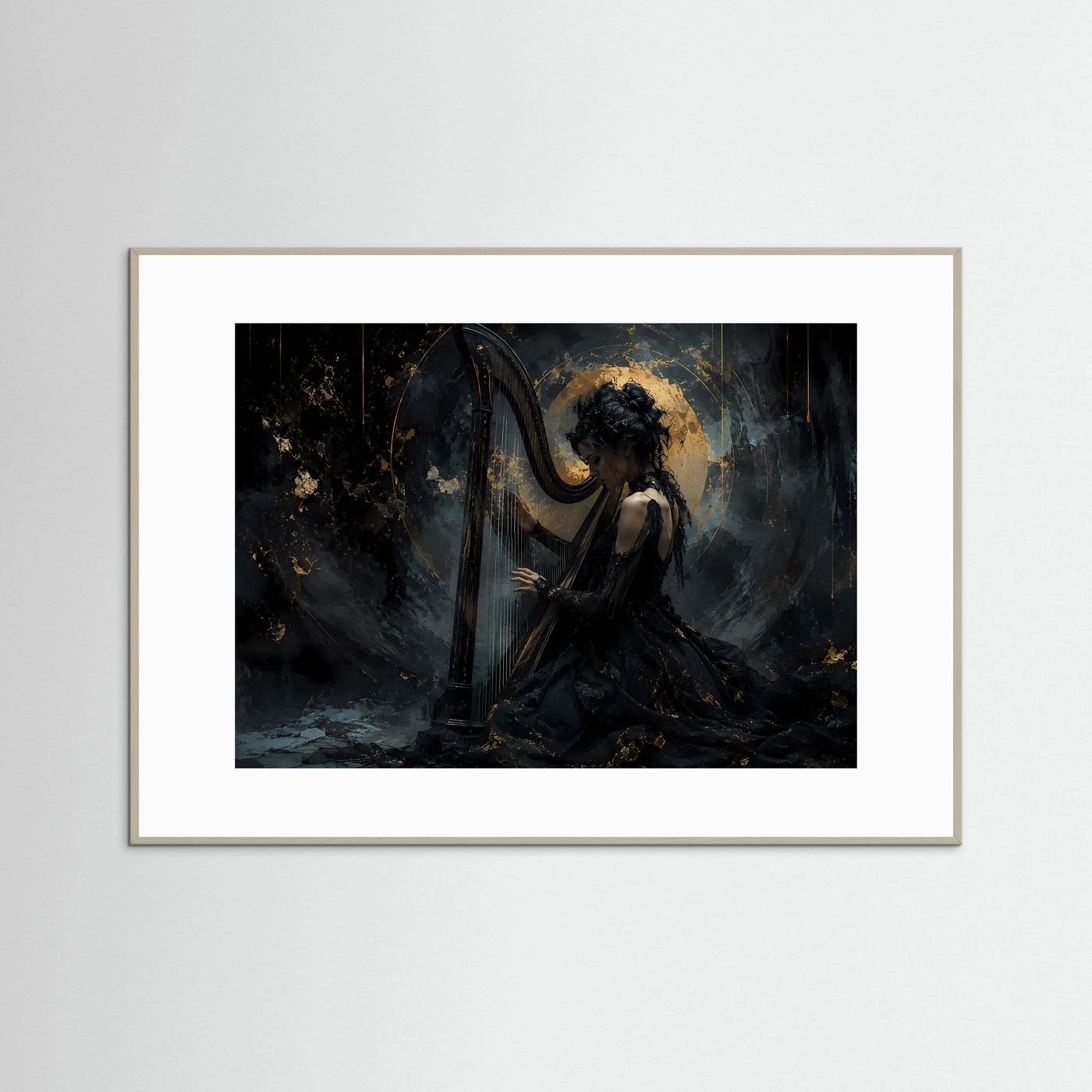 Elegante Harfenistin in Schwarz & Gold | Musik & Fantasy-Wandbild