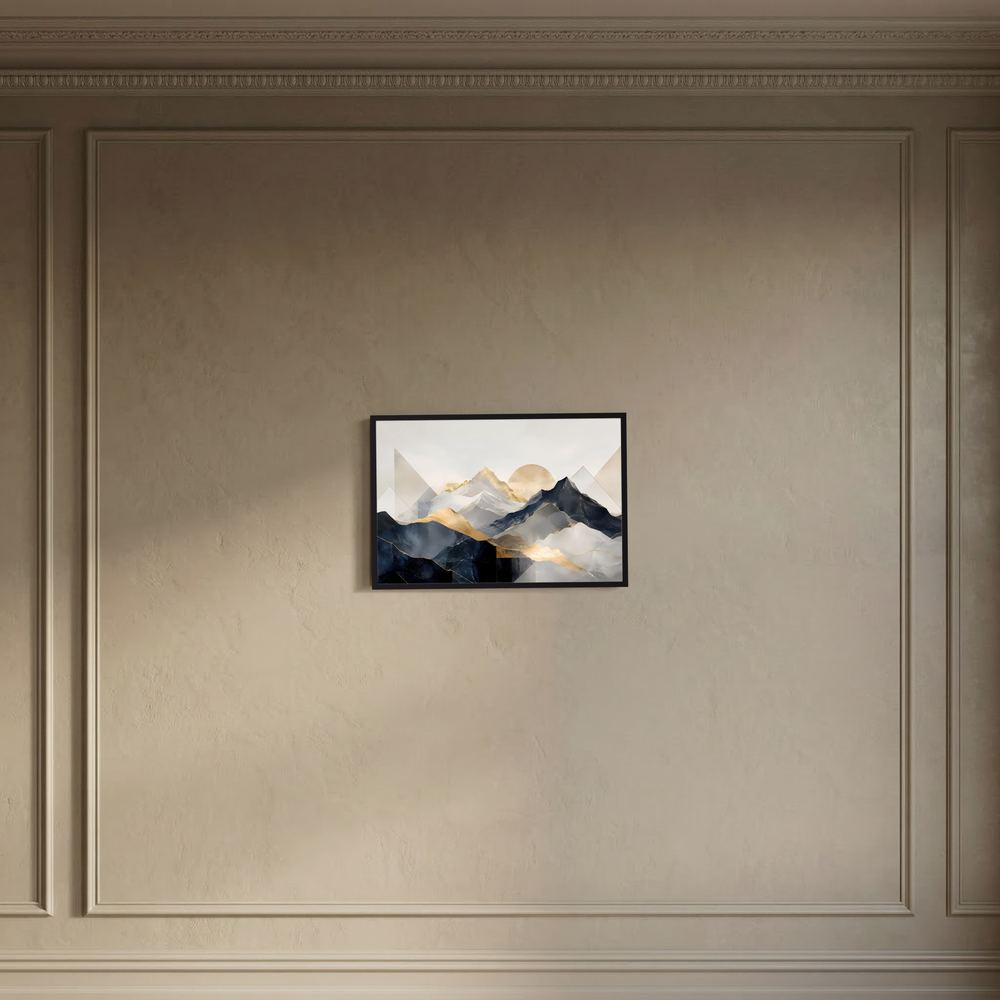 Kleines Wandbild: abstrakte Berge in Beige und Gold, schwarzer Rahmen