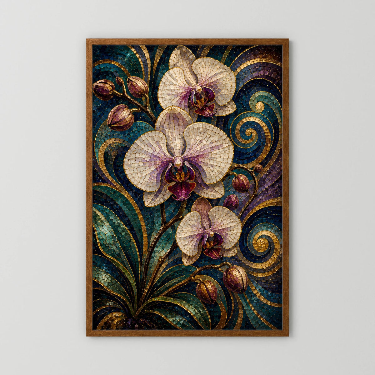 Hochformat-Poster mit weißen Orchideen im Mosaikstil, türkis und Gold, dekorative Blütendetails