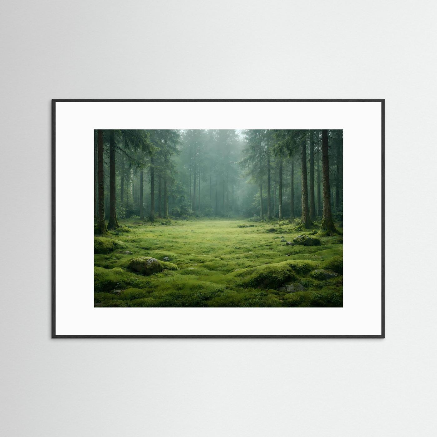 Wandbild mit Waldlandschaft und Moospolster, schwarzer Rahmen im weißen Rand