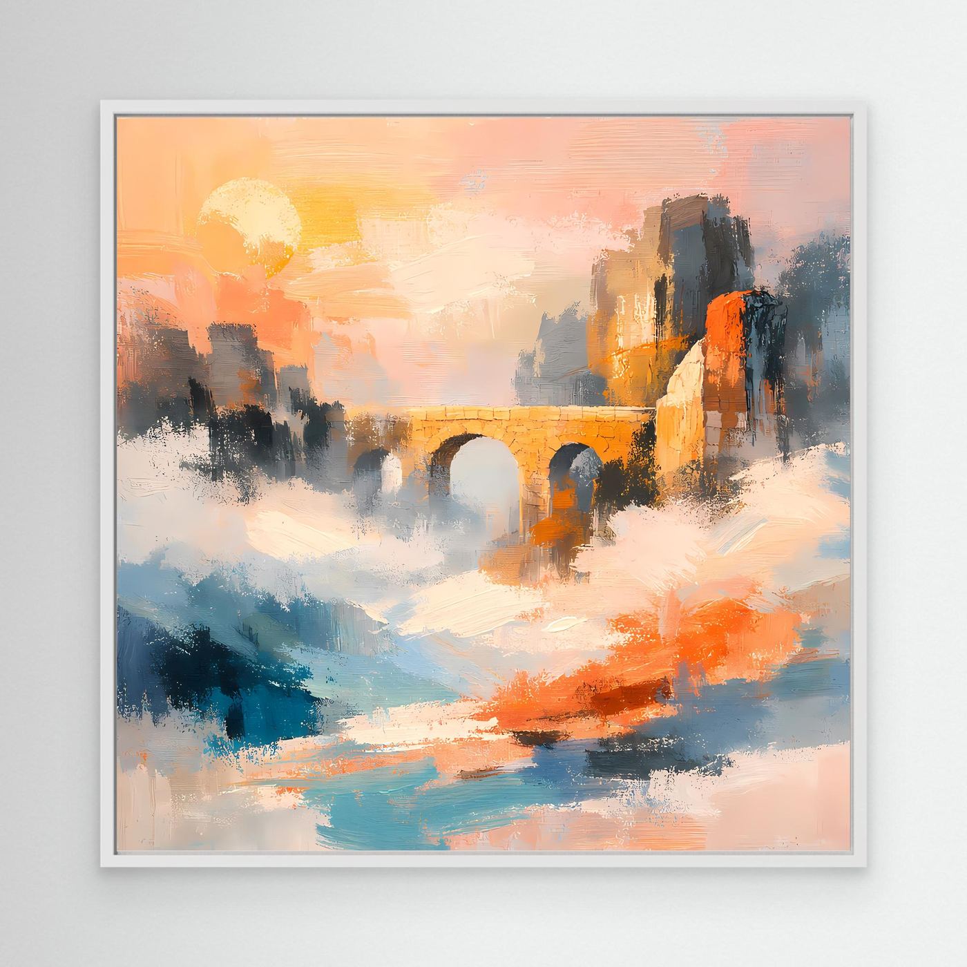 Premium Leinwand Historische Steinbrücke im Nebel | Abstraktes Aquädukt Wandbild im Sonnenaufgang