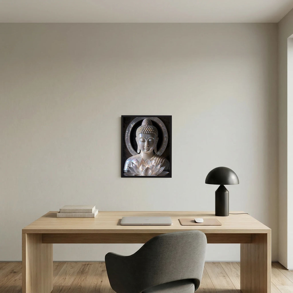 Wandbild im schwarzen Rahmen: silberner Buddha mit Lotusblüten und Halo