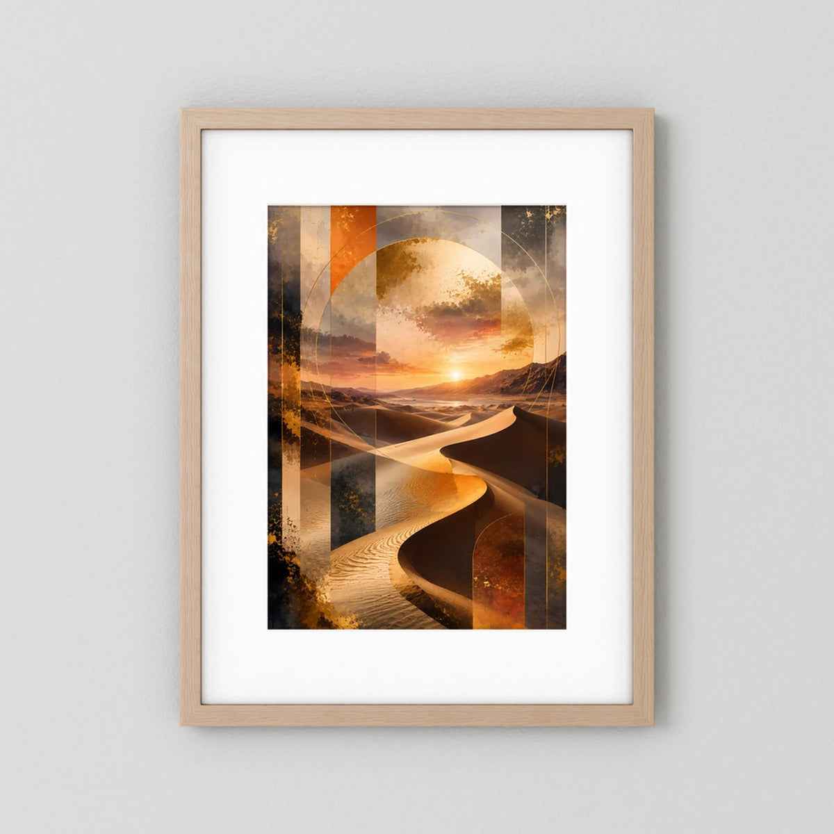 Poster mit hellem Holzrahmen und weißem Rand, goldene Dünen, Sonnenuntergang