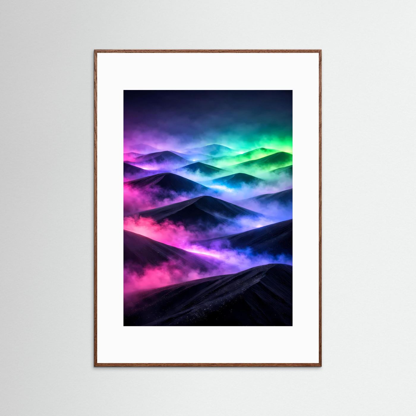 Poster im Hochformat: Neon-Landschaft, brauner Holzrahmen, weißes Passepartout