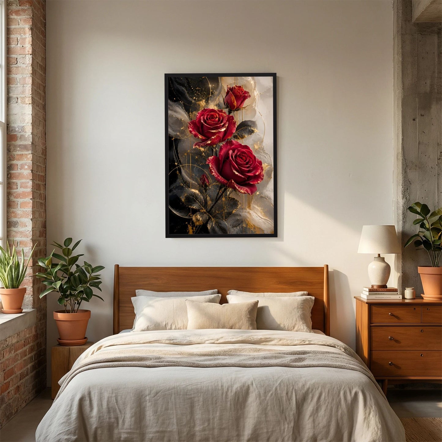 Hochformat-Poster mit drei rubinroten Rosen, Goldglanz und dunklen Blättern im schmalen Rahmen