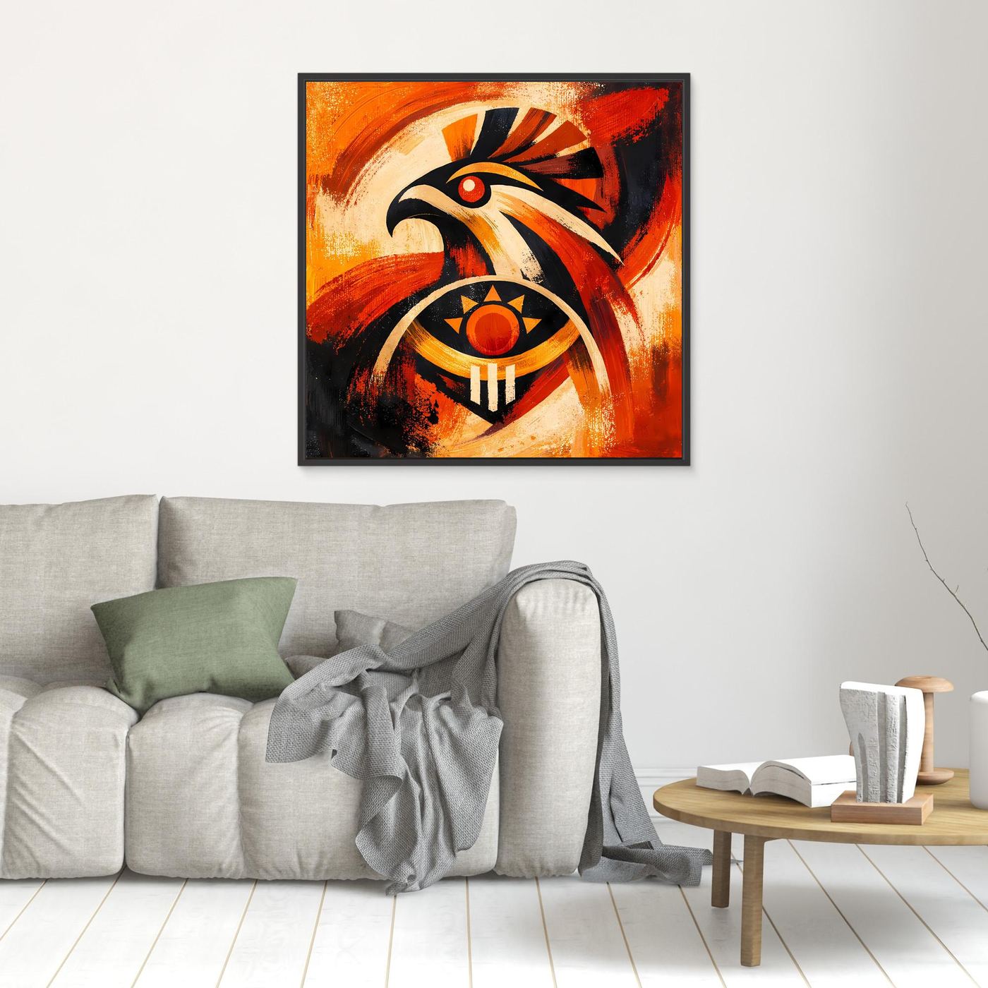 Wandbild mit abstraktem Falkenmotiv und Sonnensymbol, schwarz gerahmt, orange-schwarz