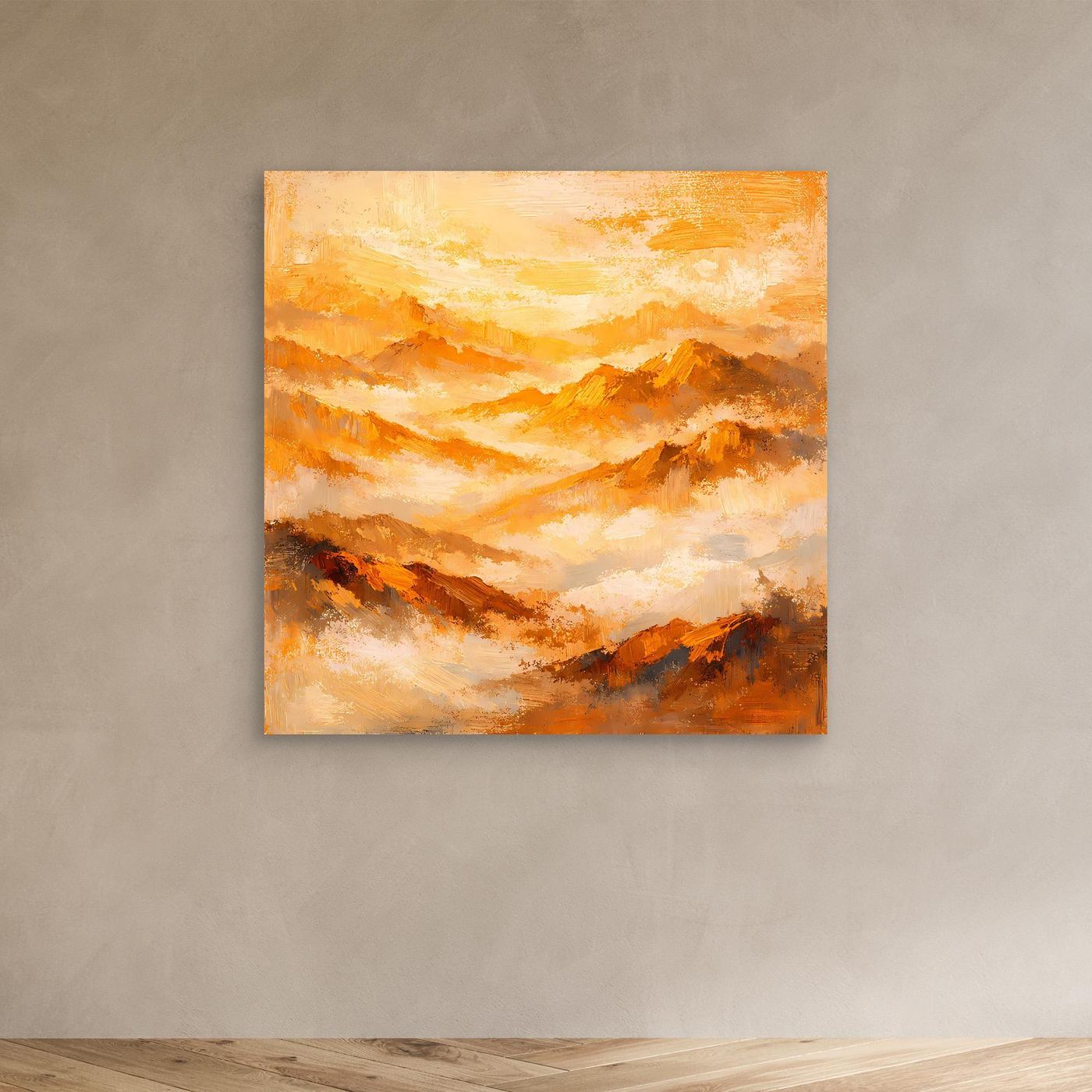 Leinwand-Wandbild mit abstrakten Bergen in Gold- und Orangetönen, ohne Rahmen
