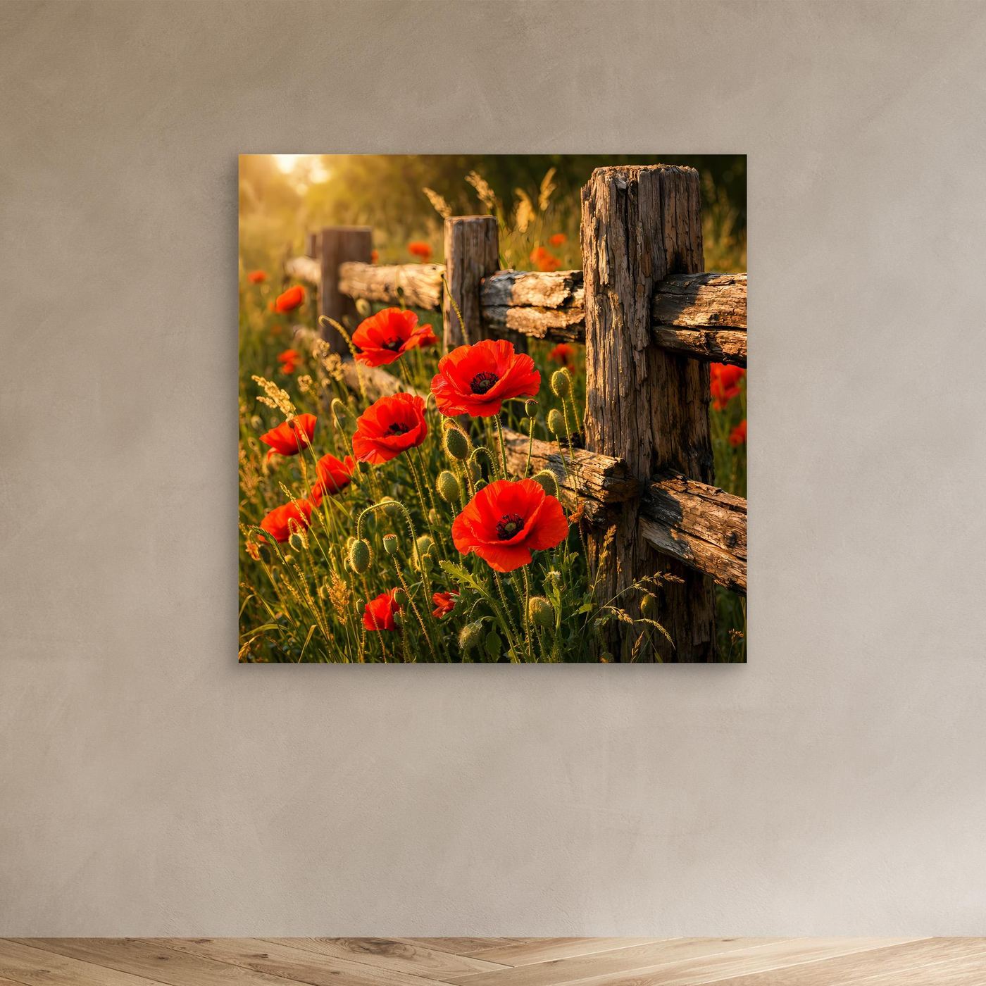 Leinwandbild mit roten Mohnblumen am Holz-Zaun, ohne Rahmen