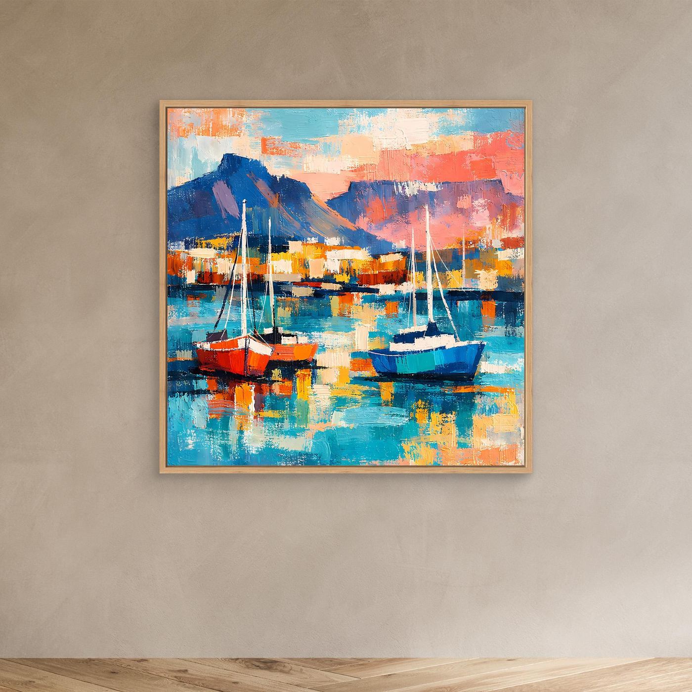 Leinwand-Wandbild mit Segelbooten, brauner Holzrahmen, türkis-blaue Hafenfarben