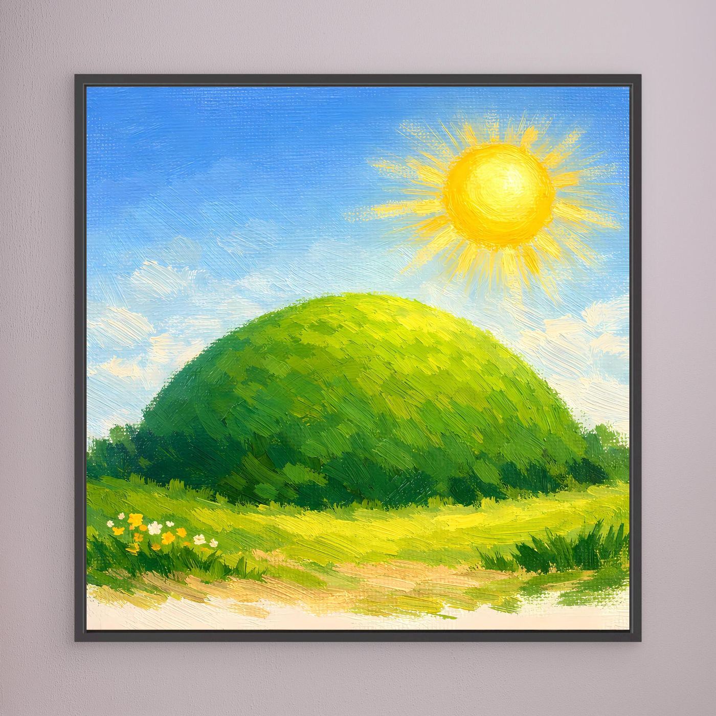 Leinwandbild mit grünem Hügel und gelber Sonne, im dunklen Rahmen
