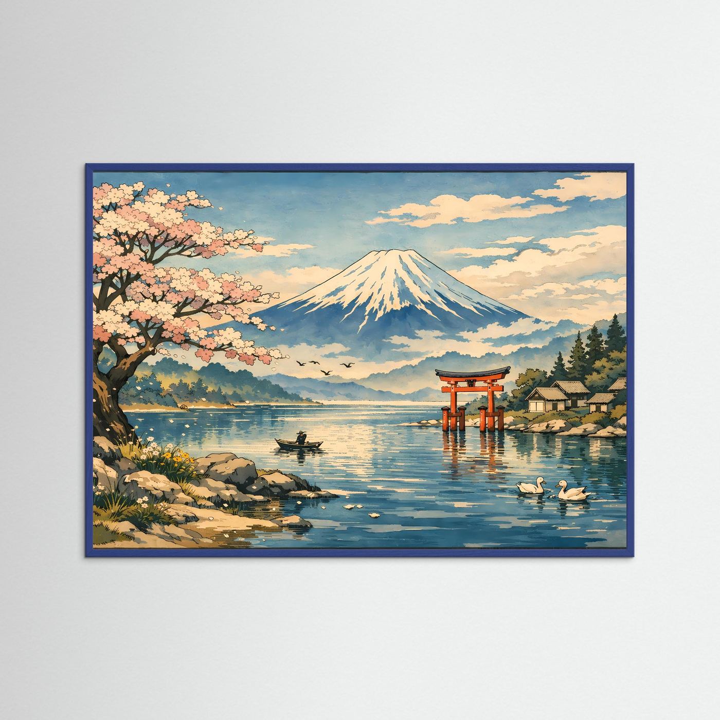 Wandbild-Poster: Mount Fuji über See mit Kirschblütenbaum und Torii, blaue Umrandung