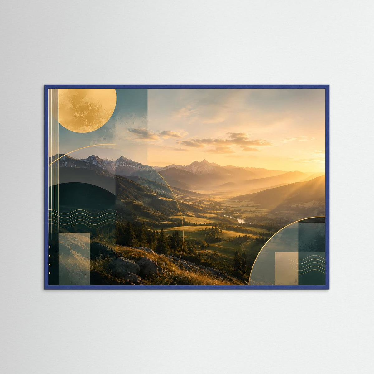 Landschafts-Poster im Querformat mit blauem Rahmen: goldene Berglandschaft, Sonnenuntergang in warmen Tönen