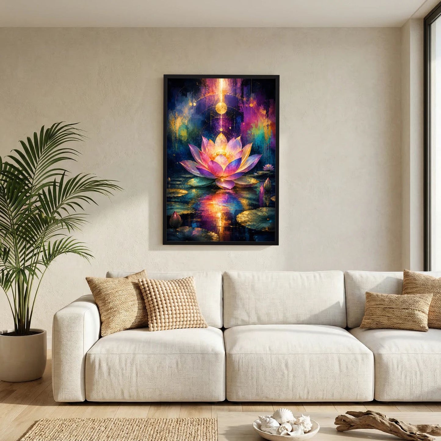 Wandbild mit schwarzem Rahmen: Lotusblüte in Pink und Gold vor farbigem Wasser und Lichtreflexen