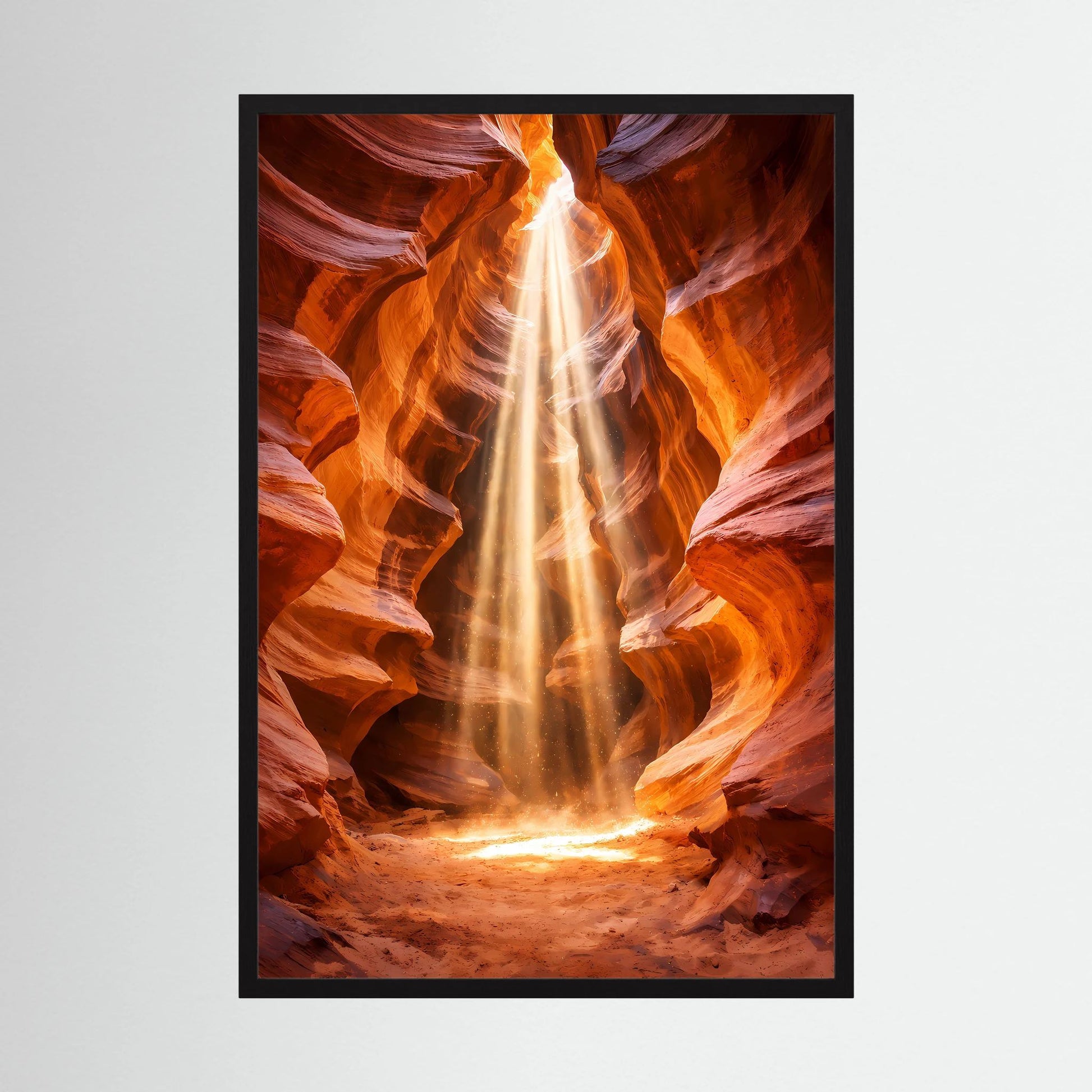 Canyon-Poster im Hochformat mit leuchtendem Strudel in Orange und Gold, schwarzer Rahmen