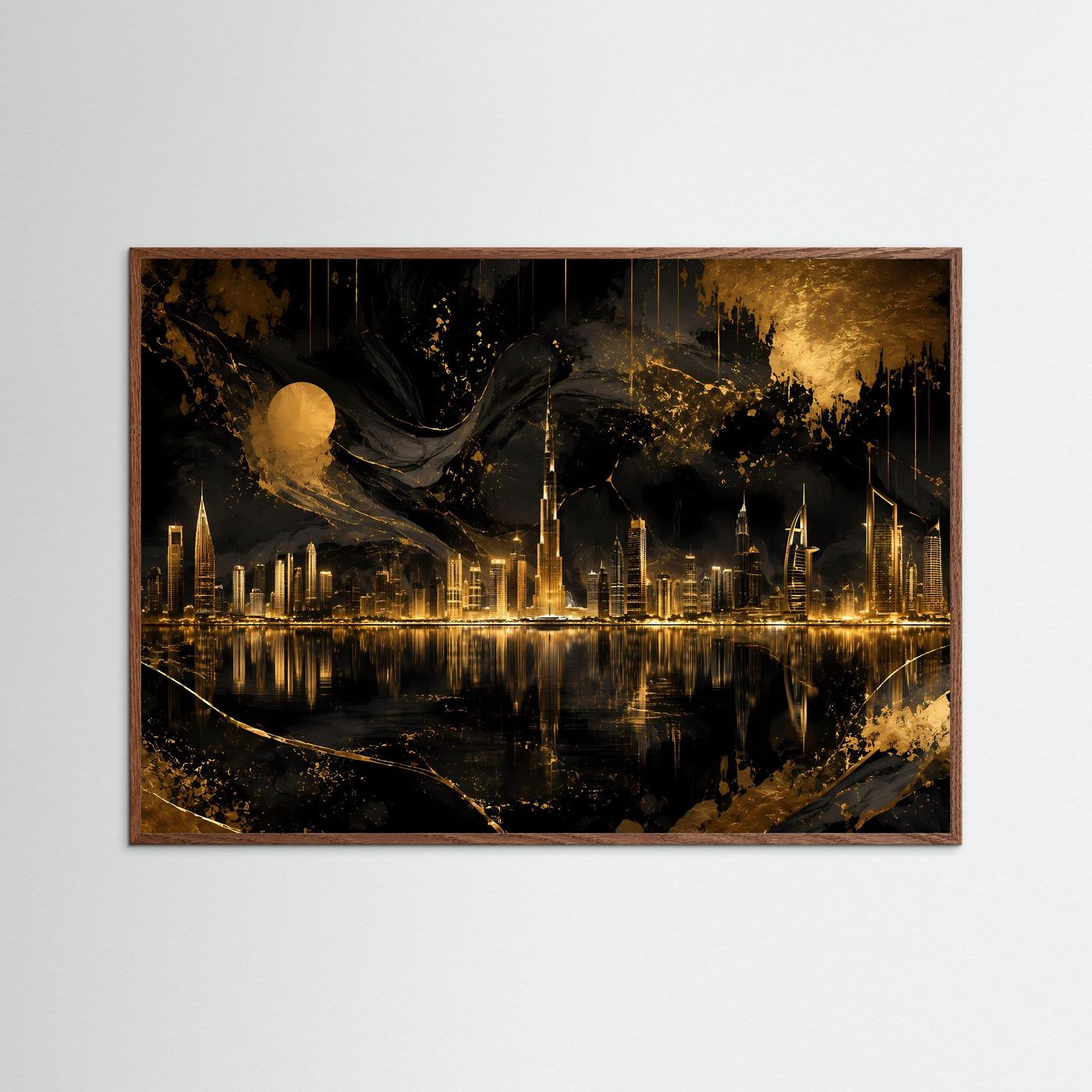 Querformat-Poster Skyline Nacht, schwarz-gold, in dunklem Holrahmen mit Wasserreflexionen