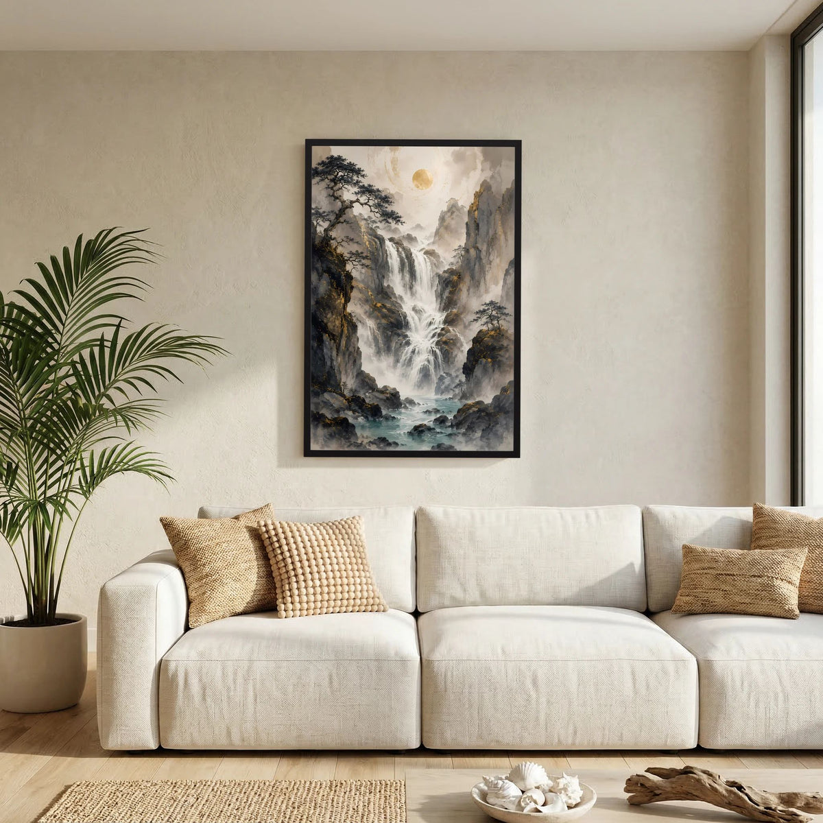 Hochformat-Poster mit Wasserfallmotiv in Berglandschaft, im schwarzen Rahmen