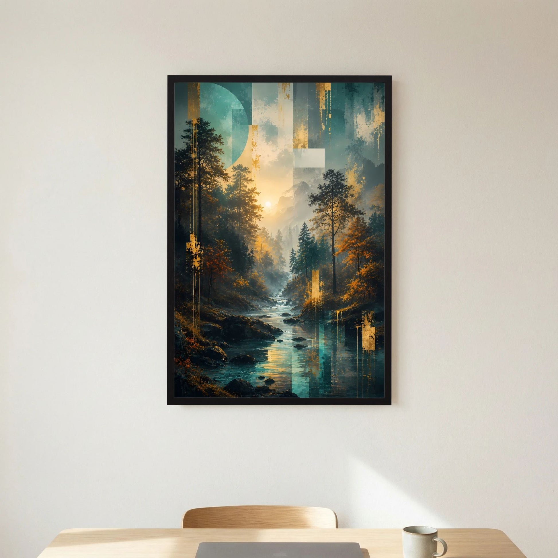 Poster Hochformat Wald- und Flusslandschaft im schwarzen Rahmen, abstraktes Morgenlicht