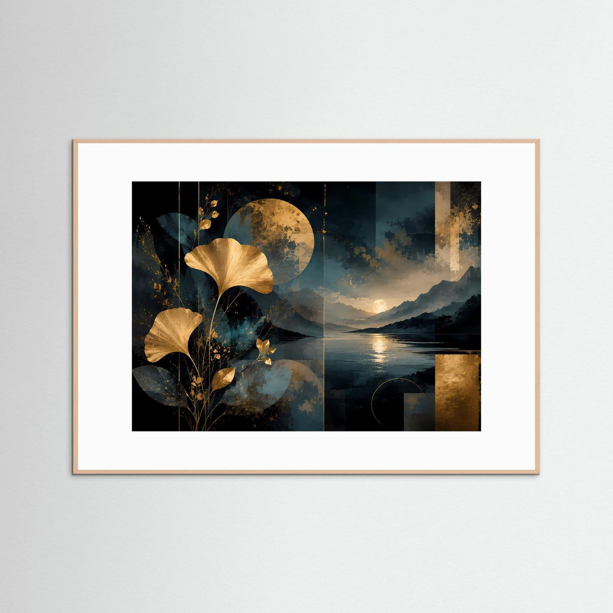 Querformat-Poster mit abstrakten Ginkgo-Blättern, Mond und See in Schwarz-Gold, mit hellem Holzrahmen.