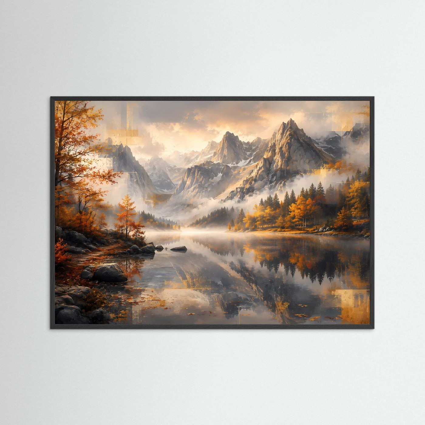 Poster im Querformat mit Berglandschaft und See; schwarzer Rahmen, Herbstbäume und Spiegelung