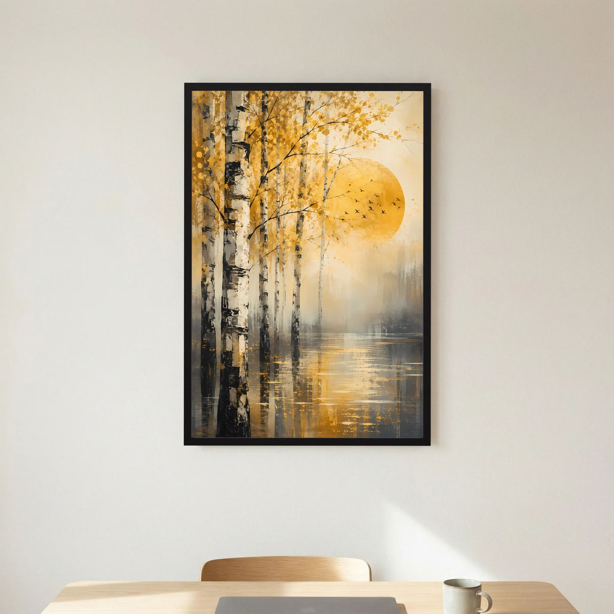 Hochformat-Poster im schwarzen Rahmen: abstrakte Birken, goldene Sonne, Vögel