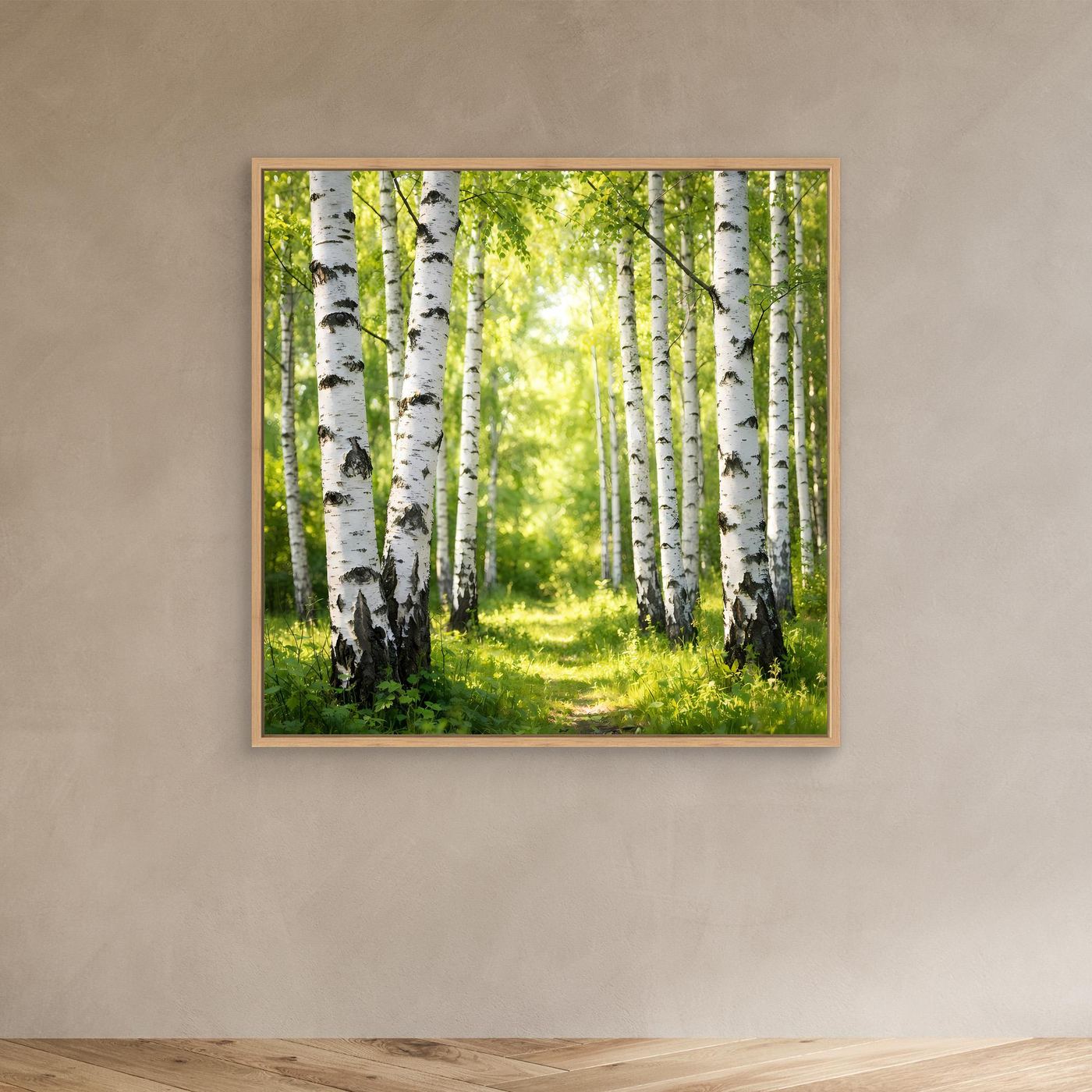 Leinwandbild Birkenwald im Sonnenlicht mit grüner Lichtung, Eichenholzrahmen
