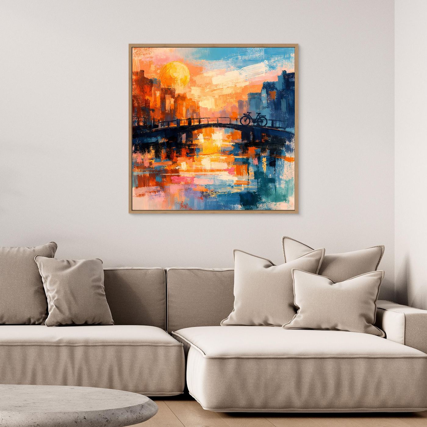 Leinwand Abstraktes Amsterdam Gemälde | Modernes Romantisches Grachten Wandbild mit Fahrrad