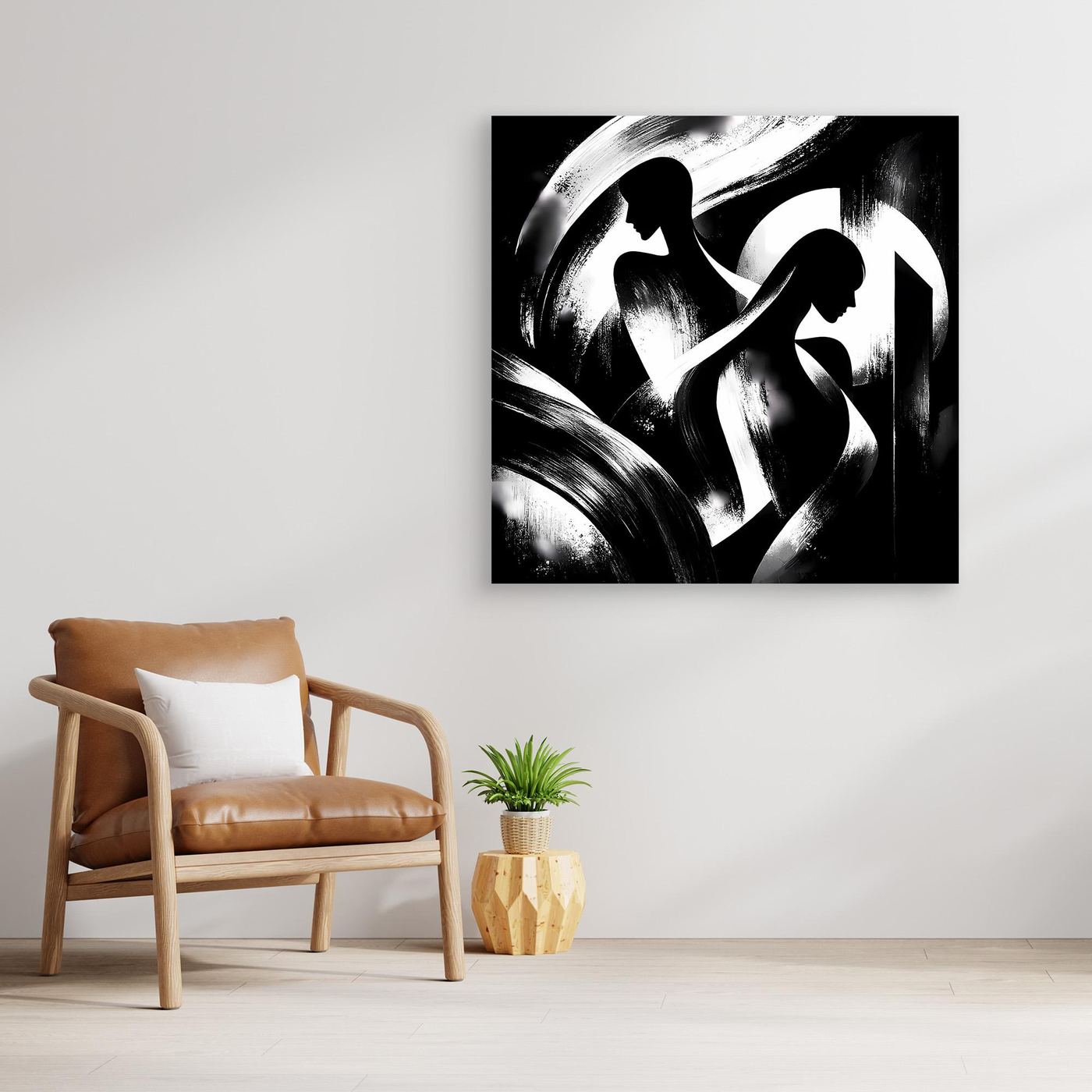Wandbild auf Leinwand mit schwarz-weißen abstrakten Silhouetten im Querformat, rahmenlos