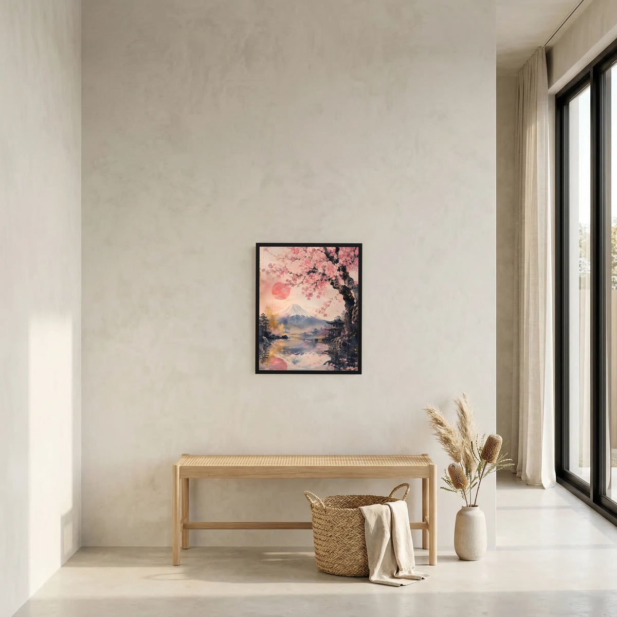 Gerahmtes Poster mit Kirschblütenzweig, Fuji-Landschaft und rotem Mondmotiv.
