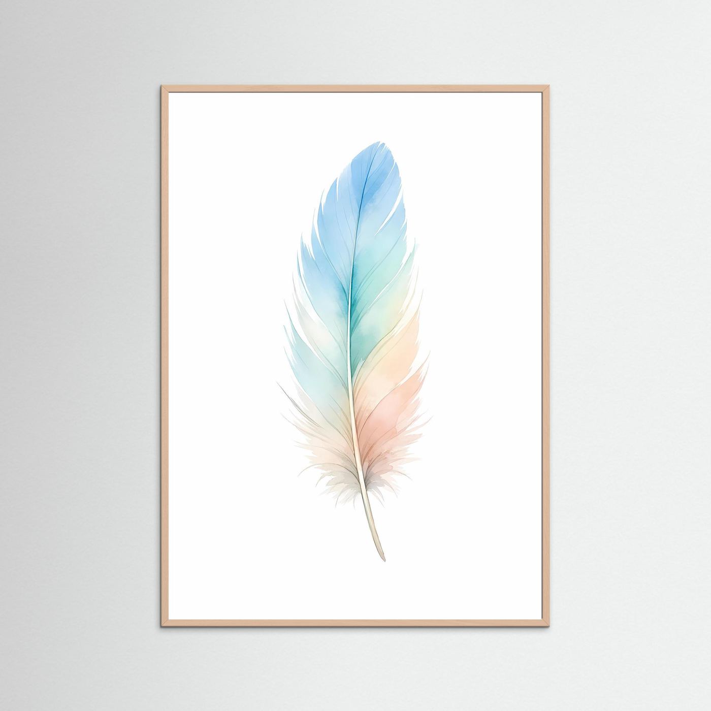 Poster mit Aquarell-Feder im Pastellverlauf von Blau bis Pfirsich im rosé-braunen Holzrahmen, hochkant