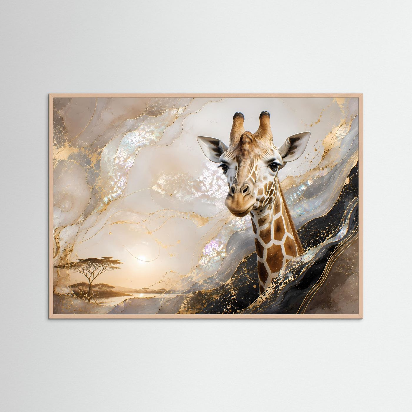 Abstrakte Safari-Wandkunst mit Giraffenmotiv, rosafarbener Holzrahmen, Gold-Perlmutt-Töne