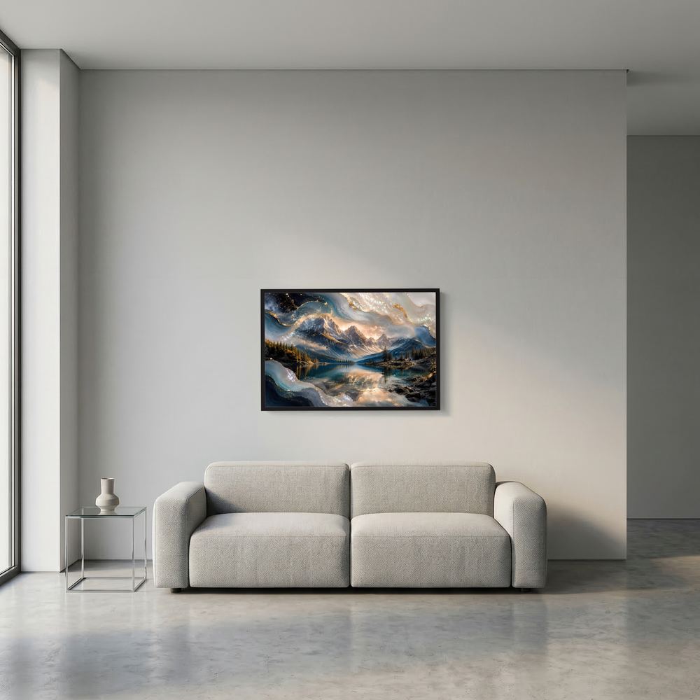 Kleines Querformat-Poster mit dunklem Rahmen und abstrakter Berglandschaft mit Bergsee in Blau und Gold