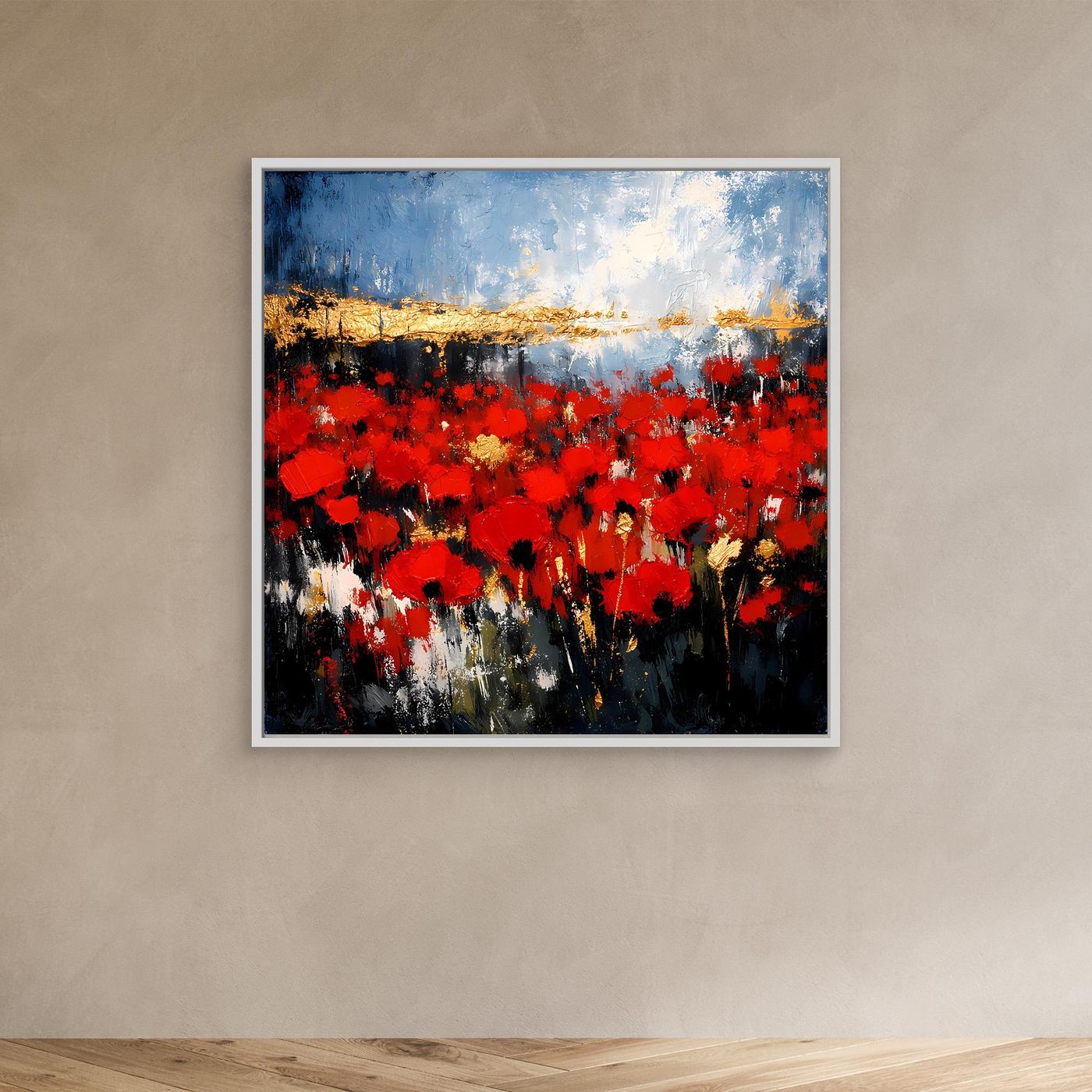 Abstraktes Wandbild mit roter Blütenlandschaft, blauem Himmel und goldener Horizontlinie im weißen Rahmen