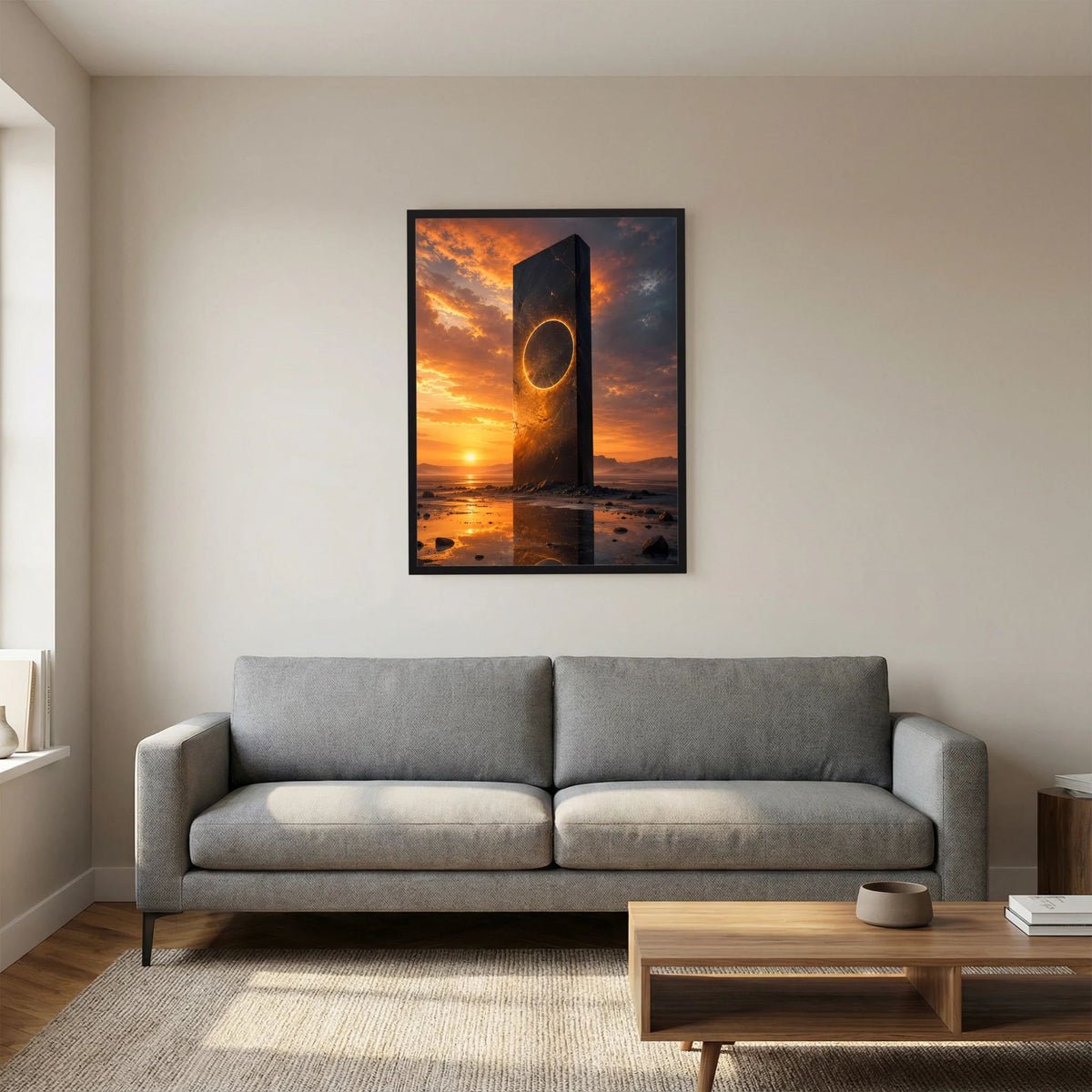 Hochformat-Poster an der Wand: schwarzer Monolith mit goldener Ringöffnung, orange Sonnenuntergang