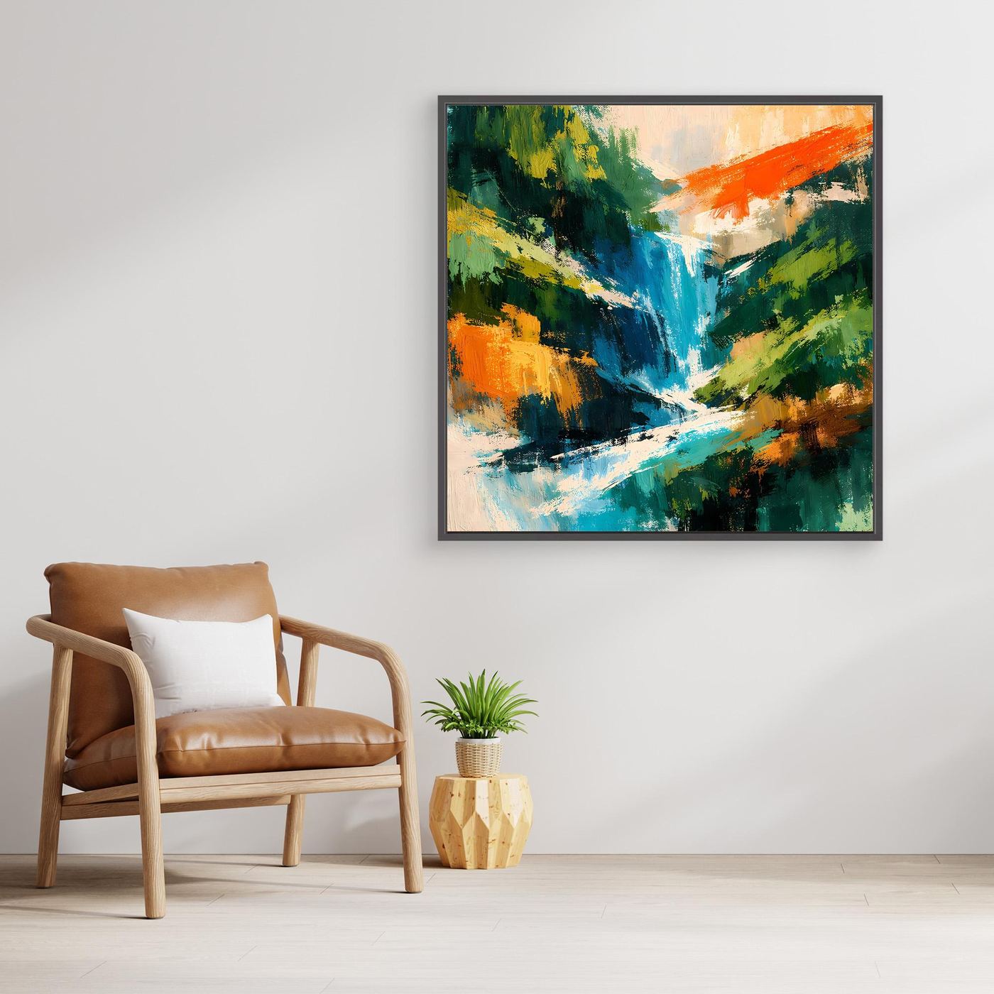 Abstraktes Leinwand-Wandbild mit Wasserfall-Motiv, schwarzer Rahmen
