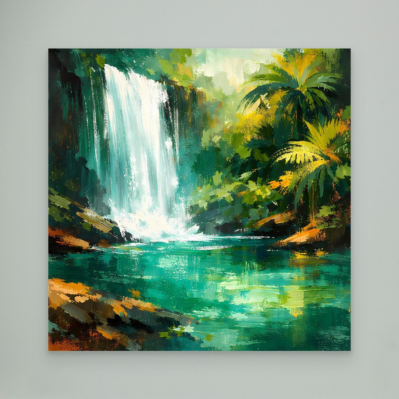 Leinwand Abstraktes Dschungel Wandbild mit Wasserfall | Modernes Natur Kunstwerk Grün